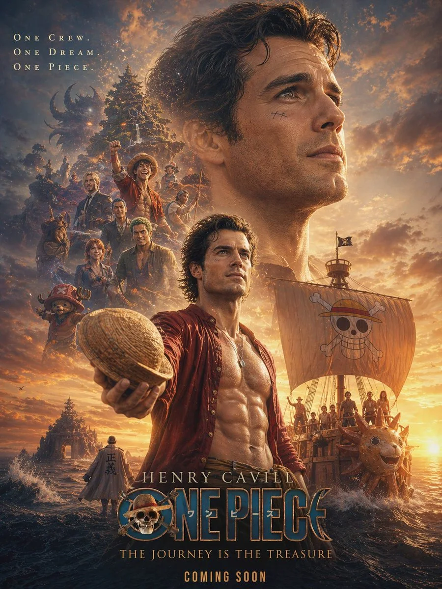 A vertical cinematic character poster with a hyper-realistic hero holding a straw hat, crew montage, pirate ship, golden sunset ocean, and One Piece title treatment.