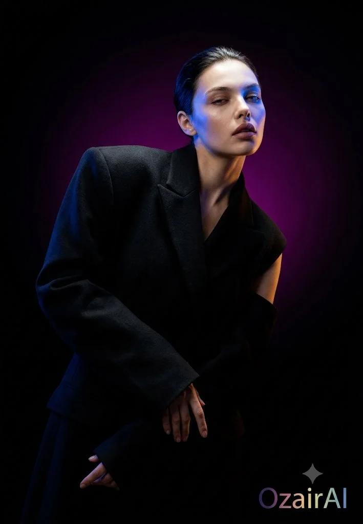 Dark avant-garde cinematic portrait variation with black void background, dramatic pose, and colored halo lighting.