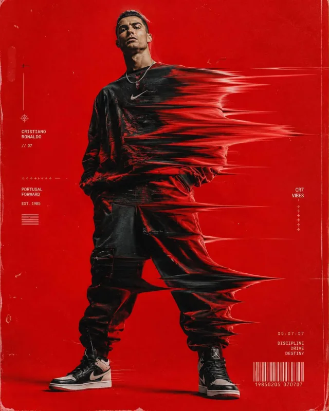 A crimson sports-fashion poster of a male athlete in black streetwear with horizontal red-and-black glitch distortion stretching across his body, minimal technical sports graphics, barcode elements, and distressed print texture.