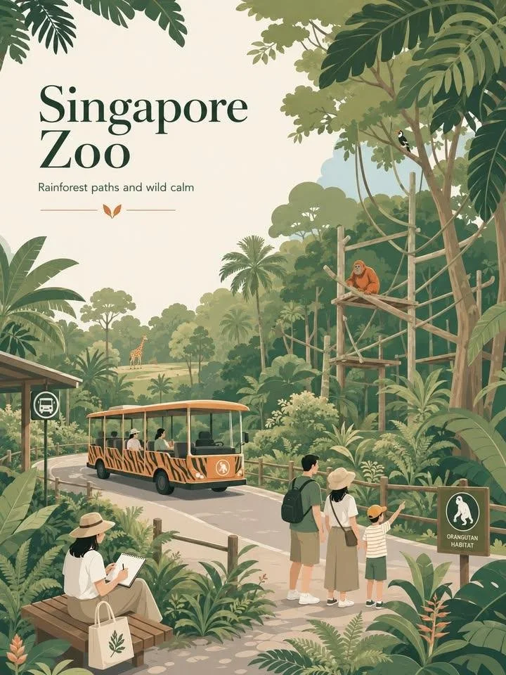 A fresh airy flat-vector Singapore Zoo travel poster with rainforest paths, orangutan habitat, zoo tram, lush green foliage, small visitors, and elegant upper-left typography.