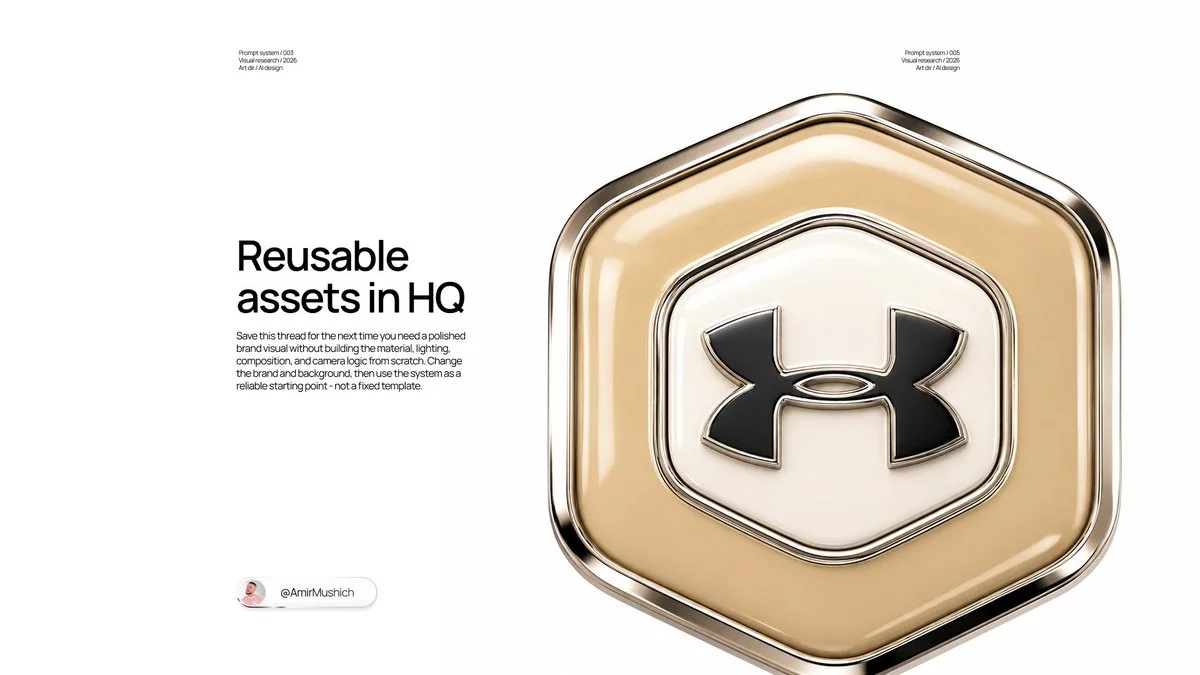 A set of 3D collectible brand badges with chrome borders and enamel fields on a clean background.