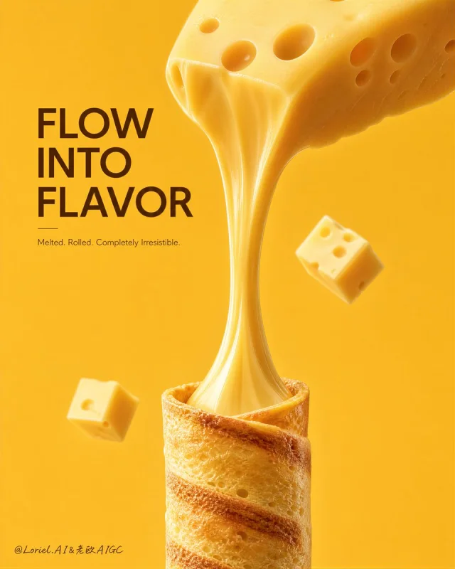 A premium vertical MELTORA snack poster with warm yellow background, a Swiss cheese wedge pouring a long molten cheese stream into a crispy rolled wafer, headline block upper-left, and floating cheese cubes.