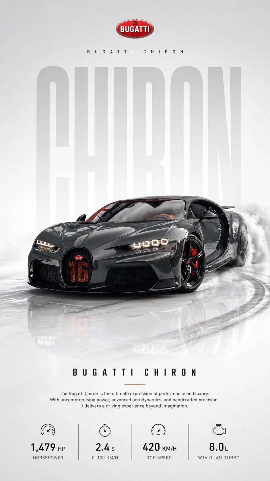 A 9:16 ultra-clean automotive poster of a car in subtle drift on a glossy floor with giant semi-transparent model-name typography and a spec grid.