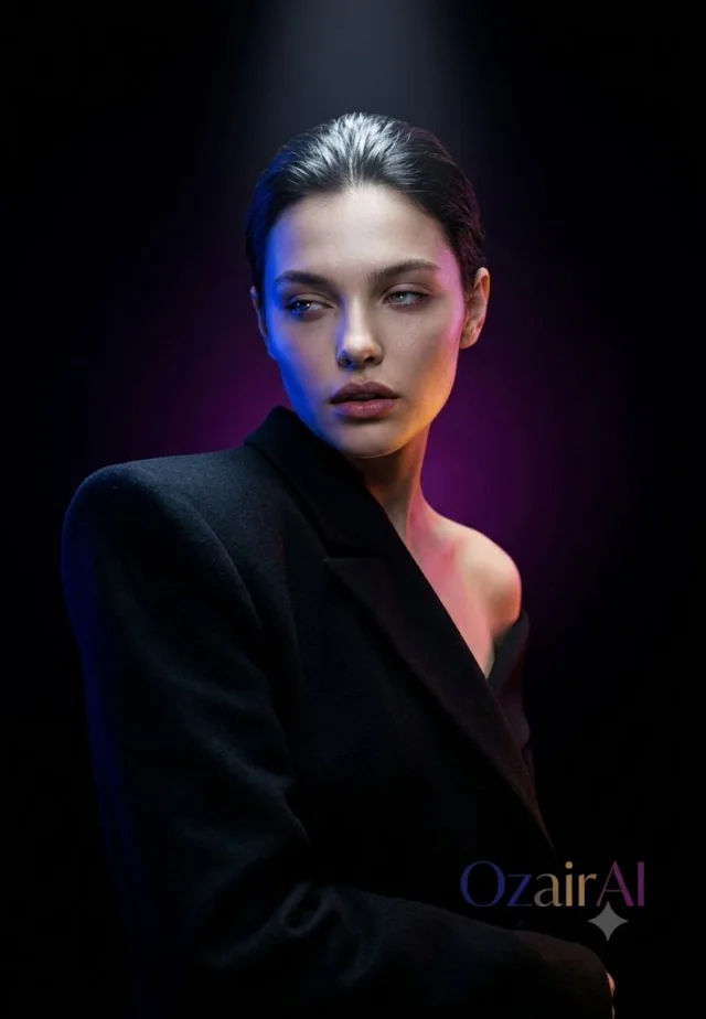 Dark avant-garde cinematic fashion portrait with asymmetric black sculptural clothing and colored rim lighting.