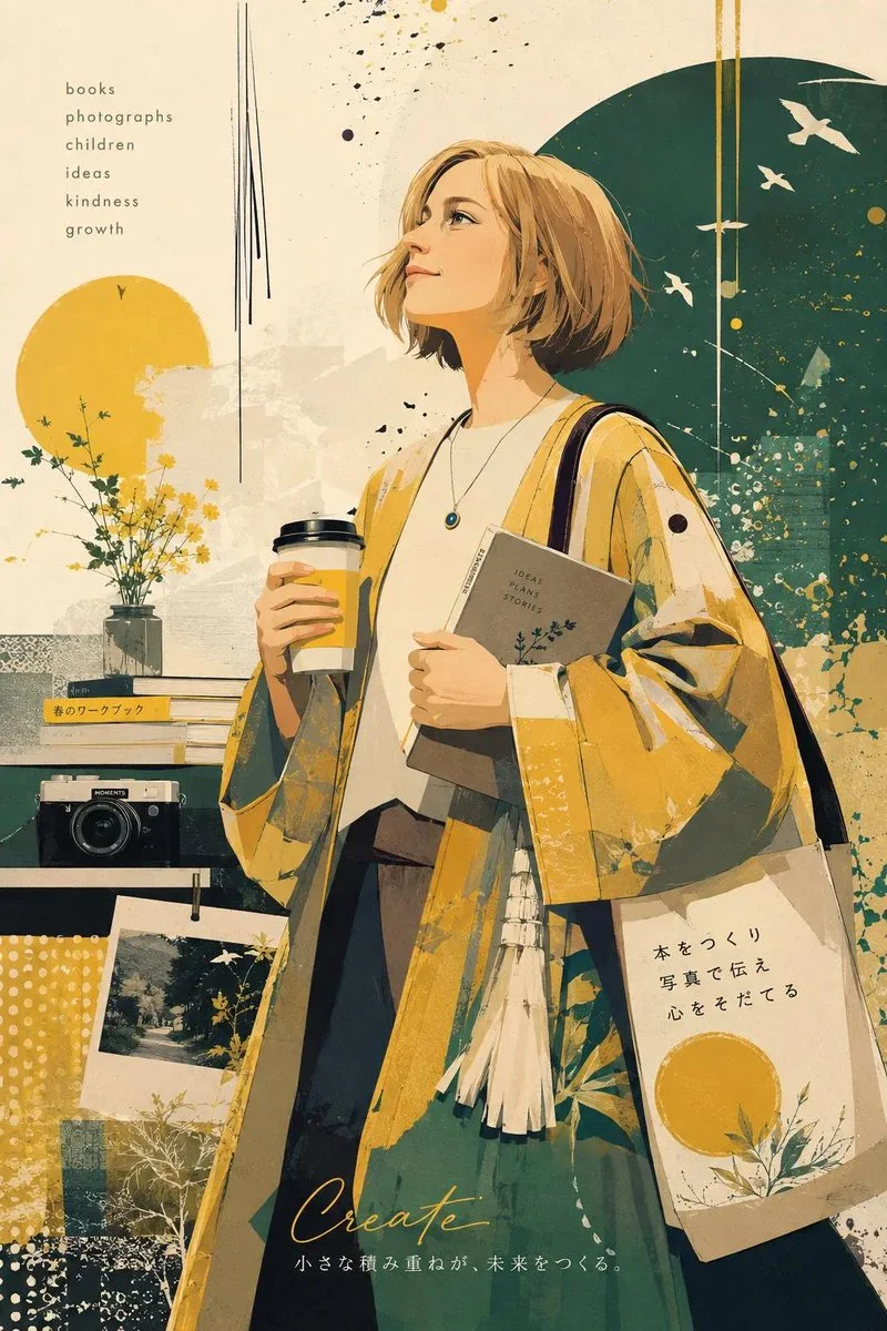 A warm editorial graphic-art poster of a woman holding books and coffee, yellow and teal shapes, birds, flowers, camera, Japanese typography, and handwritten word “Create.”