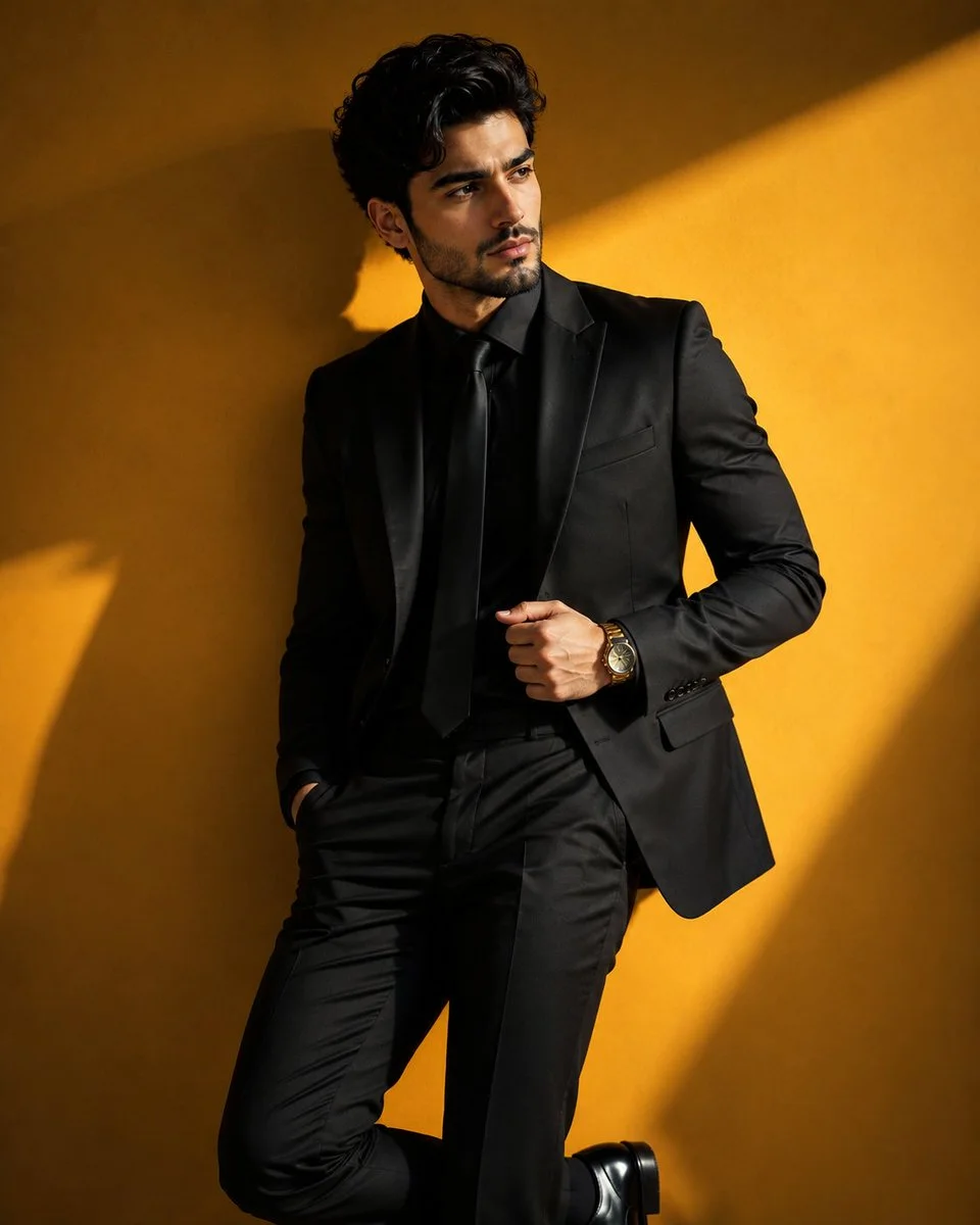 A luxury menswear portrait variation of a man in a black suit and tie against a smooth golden gradient with elegant shadows.