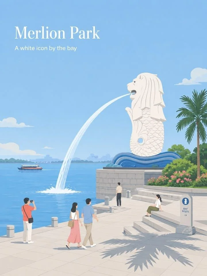 A fresh airy flat-vector Merlion Park travel poster with the white Merlion statue by the bay, small tourists, blue water, palm details, and elegant upper-left typography.