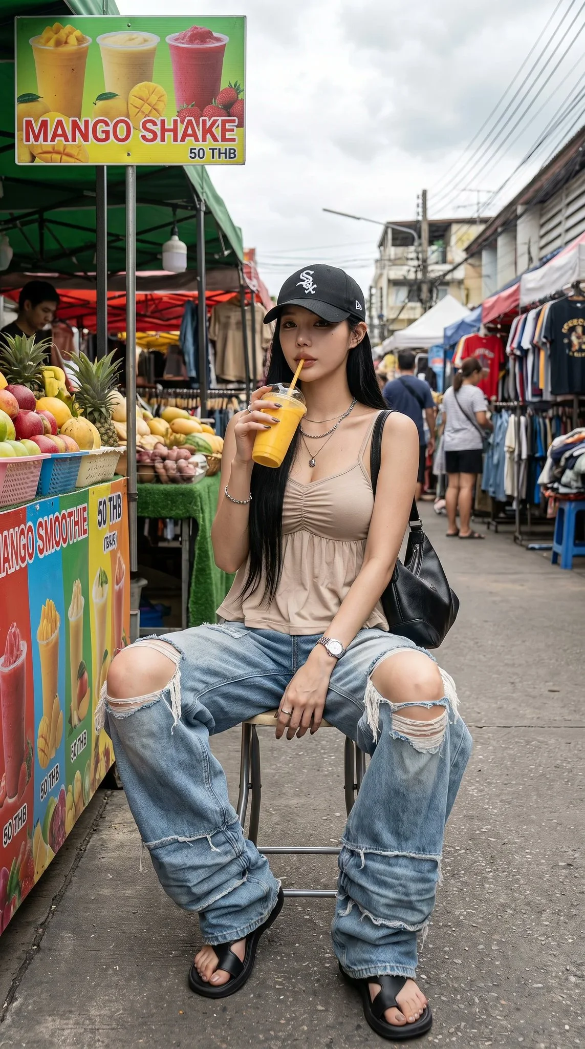 An ultra-realistic editorial street fashion photo of an Asian girl sitting on a folding chair at a Bangkok vintage market, wearing a black White Sox cap, beige ruched top, distressed baggy jeans, and drinking a mango smoothie.