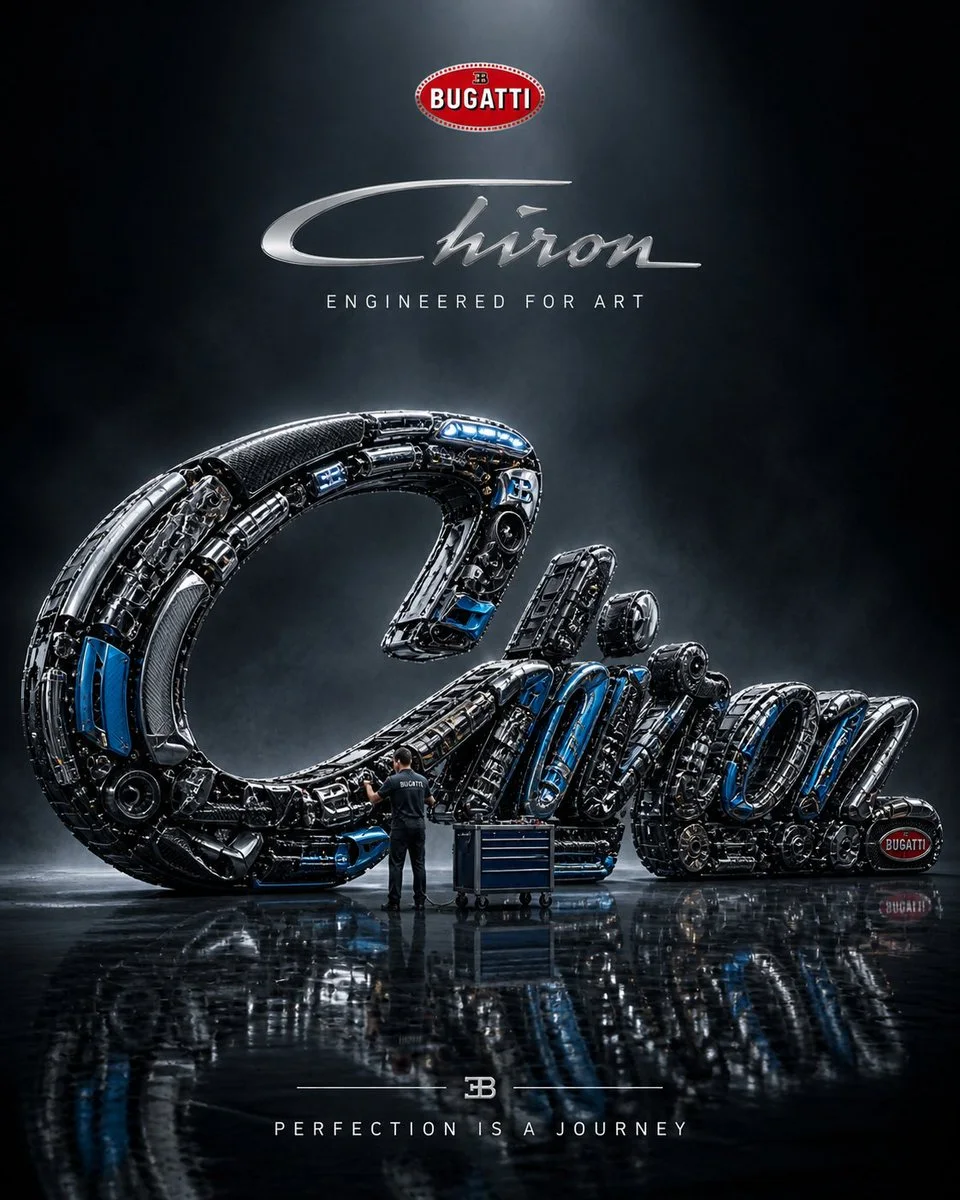 A hyper-realistic advertisement visual where a product becomes a monumental sculptural form with a miniature engineer for scale.