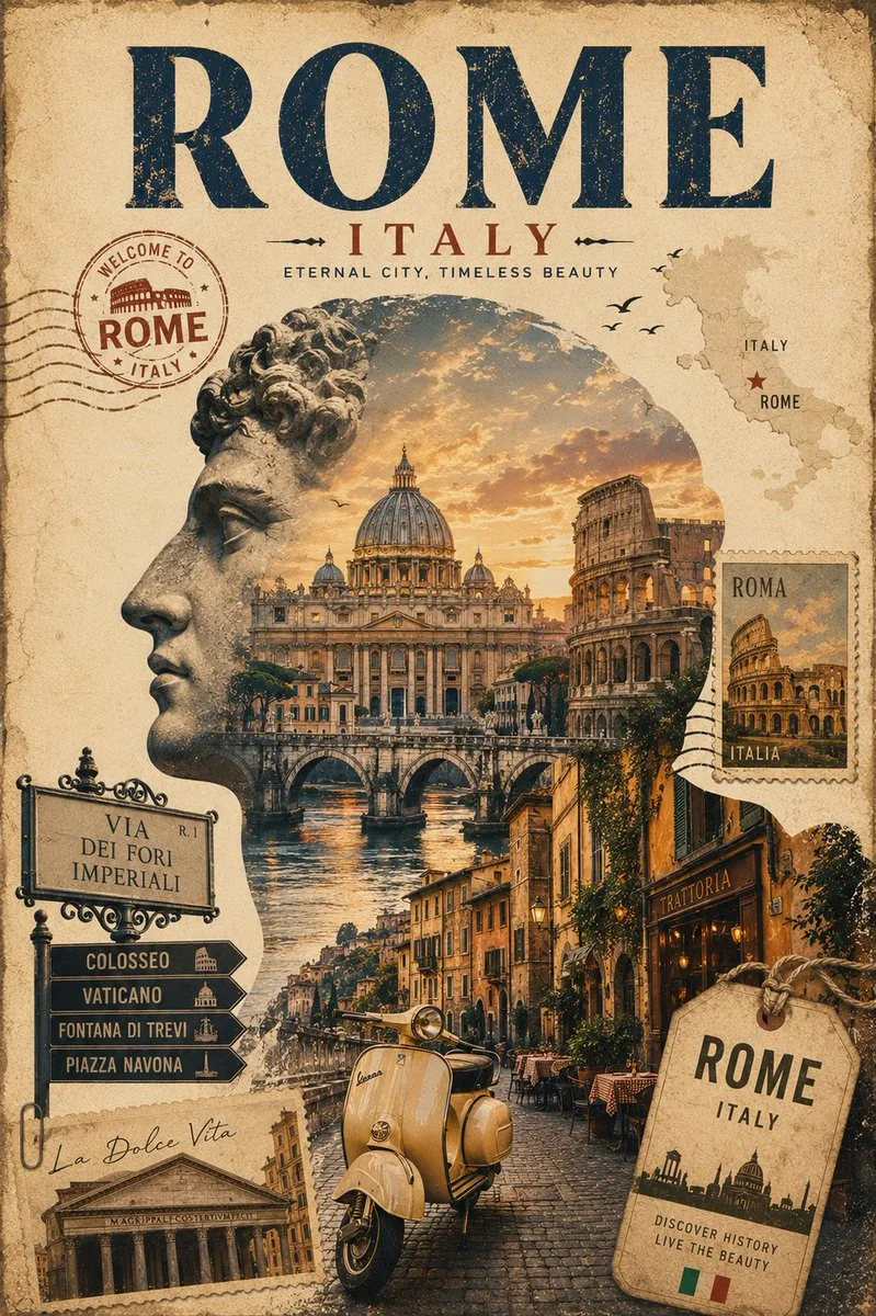 A premium vintage Rome travel collage poster with classical statue profile, Vatican, Colosseum, Roman streets, Vespa, signs, stamp, luggage tag, warm ivory paper, and nostalgic travel-ad style.