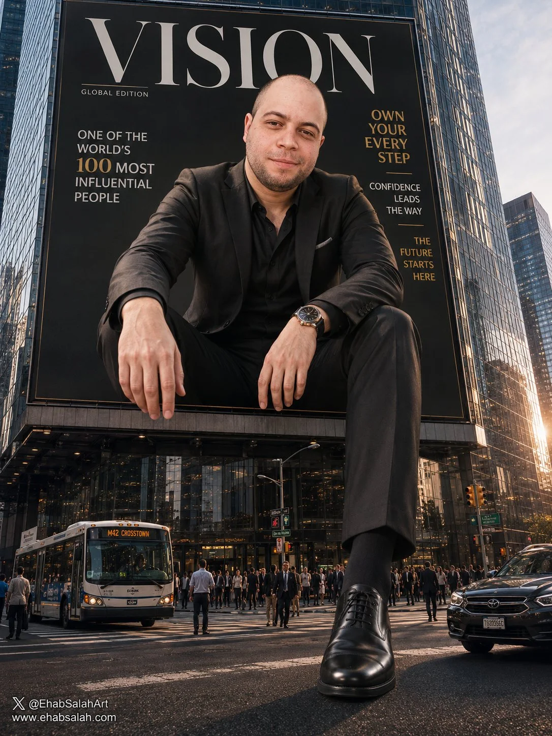 A giant luxury magazine billboard on a glass skyscraper appears to come to life, with a businessperson sitting on the billboard and one leg extending down to the busy street; visible creator signature in the lower-left corner.