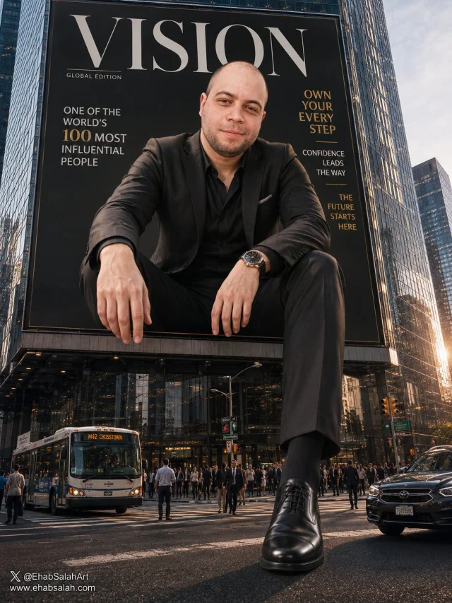 A giant luxury magazine billboard on a glass skyscraper appears to come to life, with a businessperson sitting on the billboard and one leg extending down to the busy street; visible creator signature in the lower-left corner.