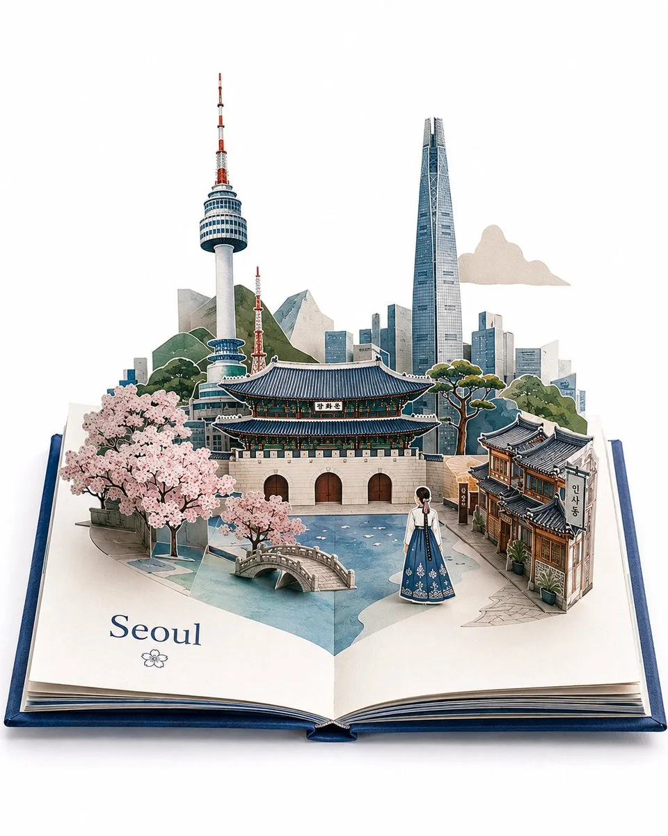 A premium travel pop-up book showing a beautiful sculptural paper representation of London, UK unfolding from open flat storybook pages.