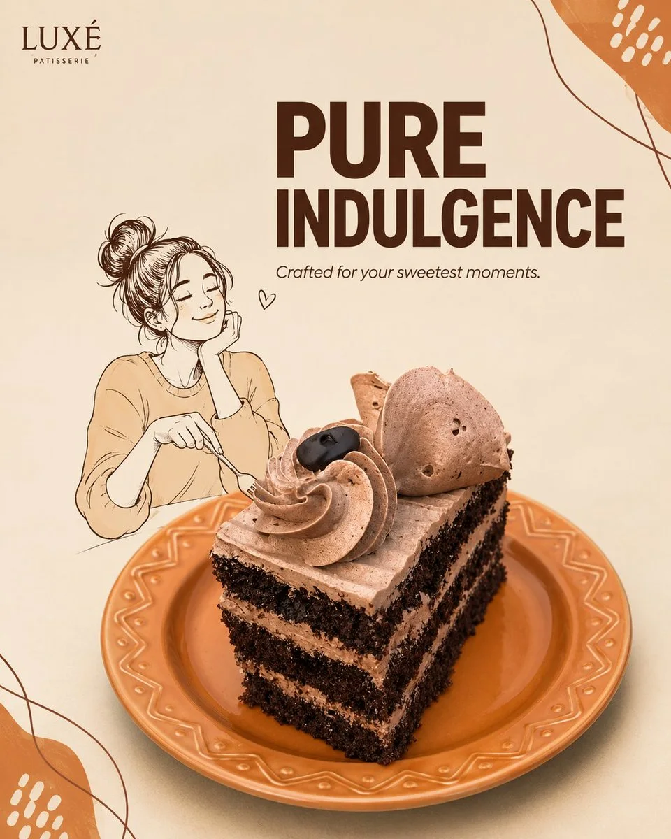 A mixed-media brand advertisement variation with a realistic product, line-art character, and minimal asymmetrical negative-space layout.
