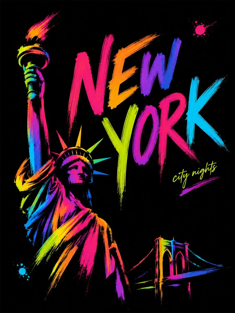 A black-background fluorescent brush-art New York travel poster with the Statue of Liberty as the hero landmark, a smaller bridge, huge hand-painted NEW YORK lettering, neon marker strokes, and “city nights” note.