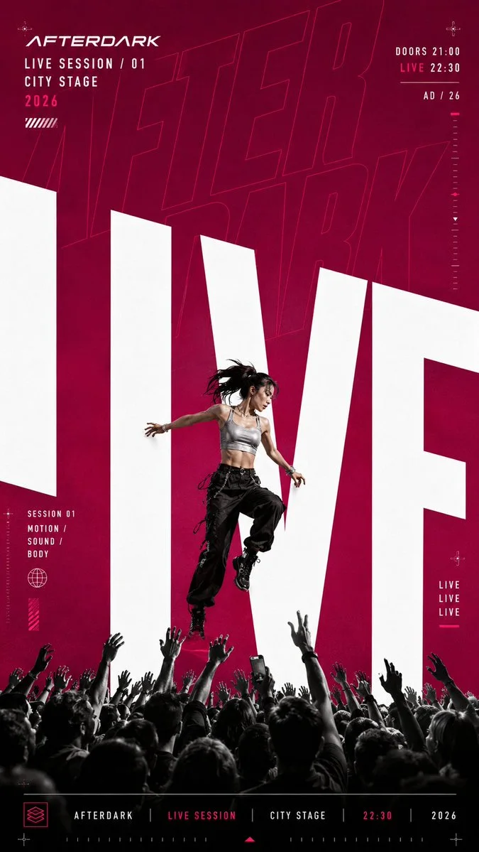 A bold AFTERDARK live-session campaign poster with oversized LIVE typography framing a performer above a cheering crowd.