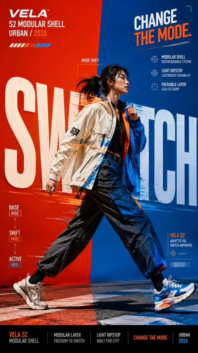 A bold editorial poster where a woman in black activewear passes through giant SWITCH typography, transforming from orange/red to blue, with a split red/blue background.