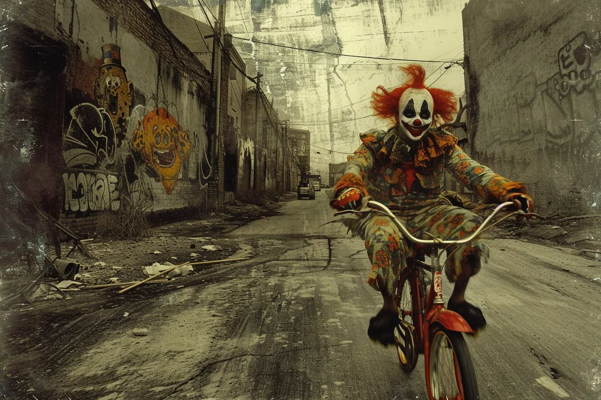 A clown riding a bicycle through a gritty urban alley in a haunting illustrated Polaroid style.