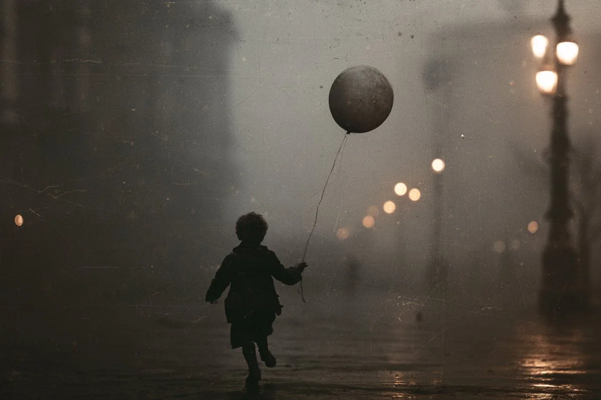 A child chasing a balloon through a foggy street in a scratched, faded-gray silent-film dream with warm-gold accents.